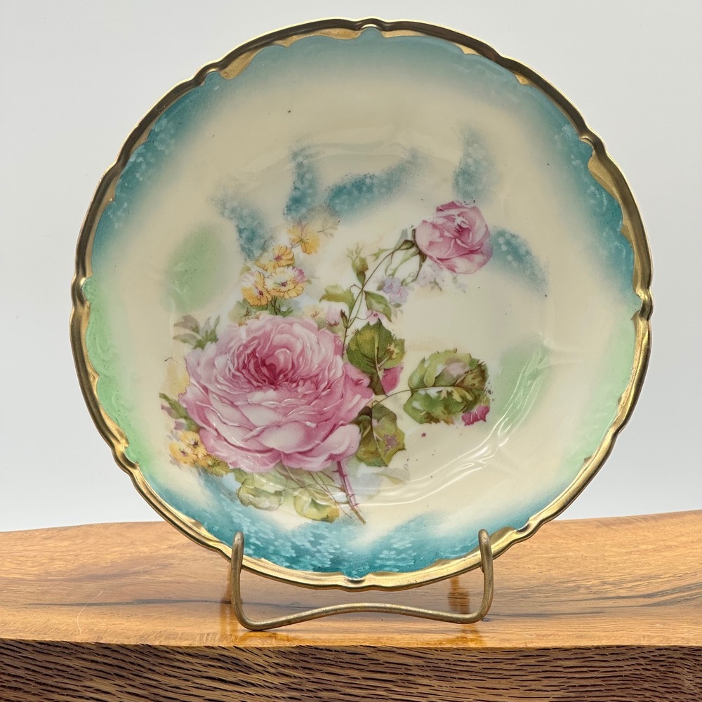 Antique Hand Painted Bavarian Porcelain Bowl Scalloped Gold Rim Pink Teal 8.5"